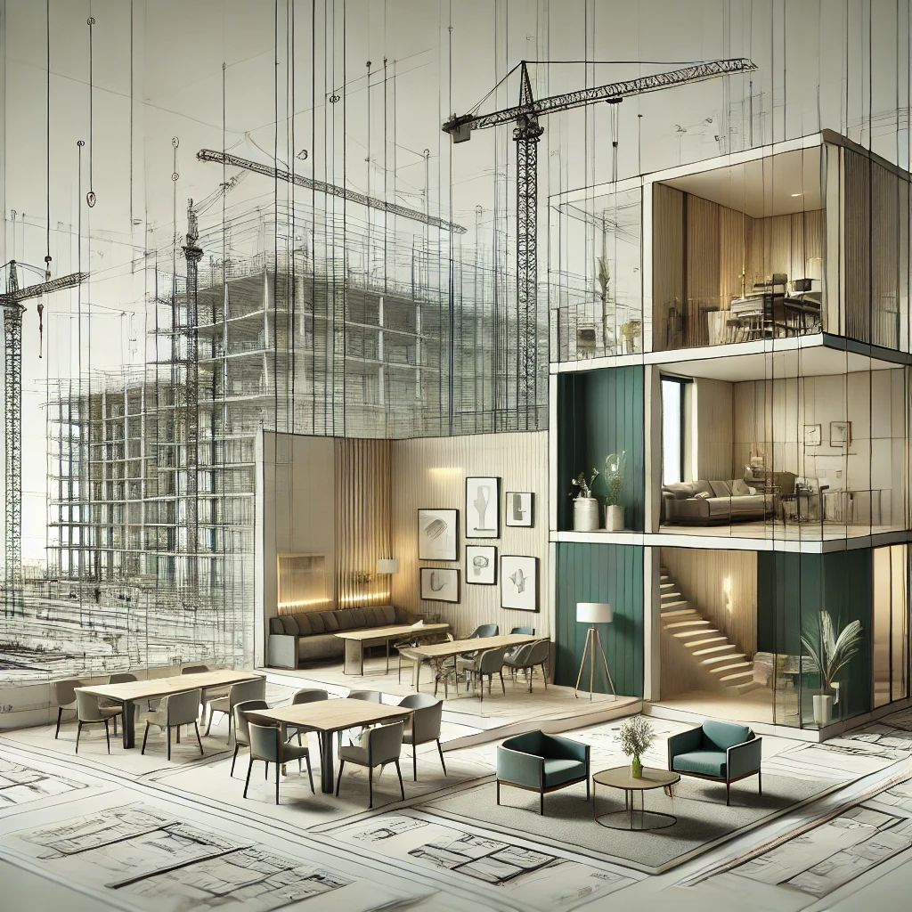 DALL·E 2024-09-24 07.53.32 - A modern and professional visual representation of 'Turnkey Construction Solutions'. The image should feature elements of construction such as cranes,