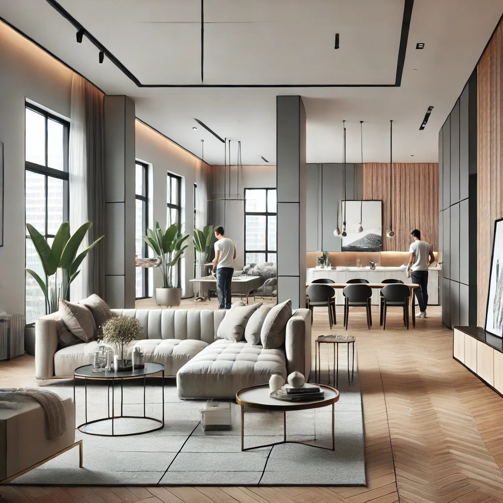 DALL·E 2024-09-24 07.59.25 - A modern interior design and execution scene in a residential space. The room features elegant, minimalist furniture with sleek lines, a neutral color
