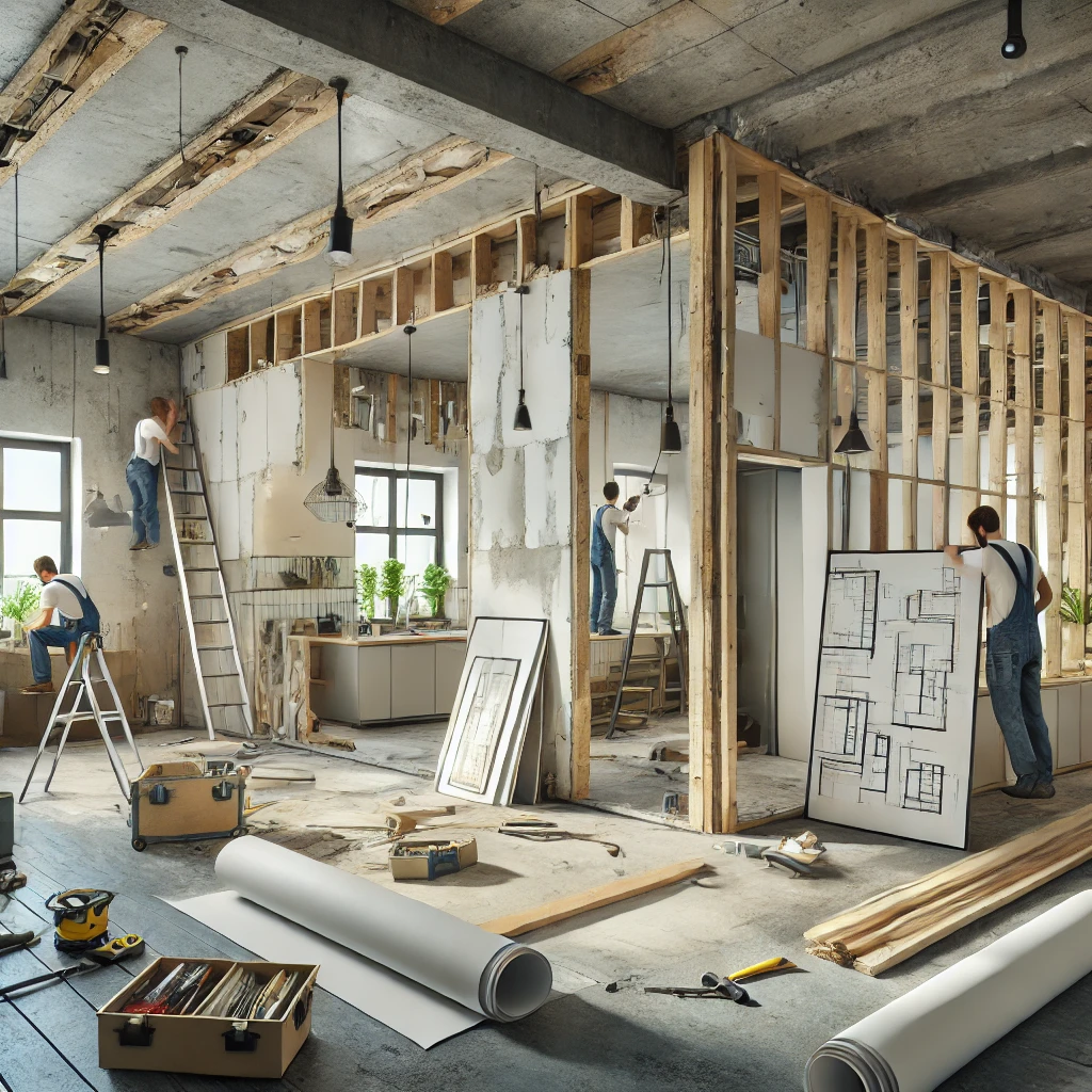 DALL·E 2024-09-24 07.59.48 - A scene showing renovation and remodeling work in progress in a modern residential space. The room features partially deconstructed walls with exposed