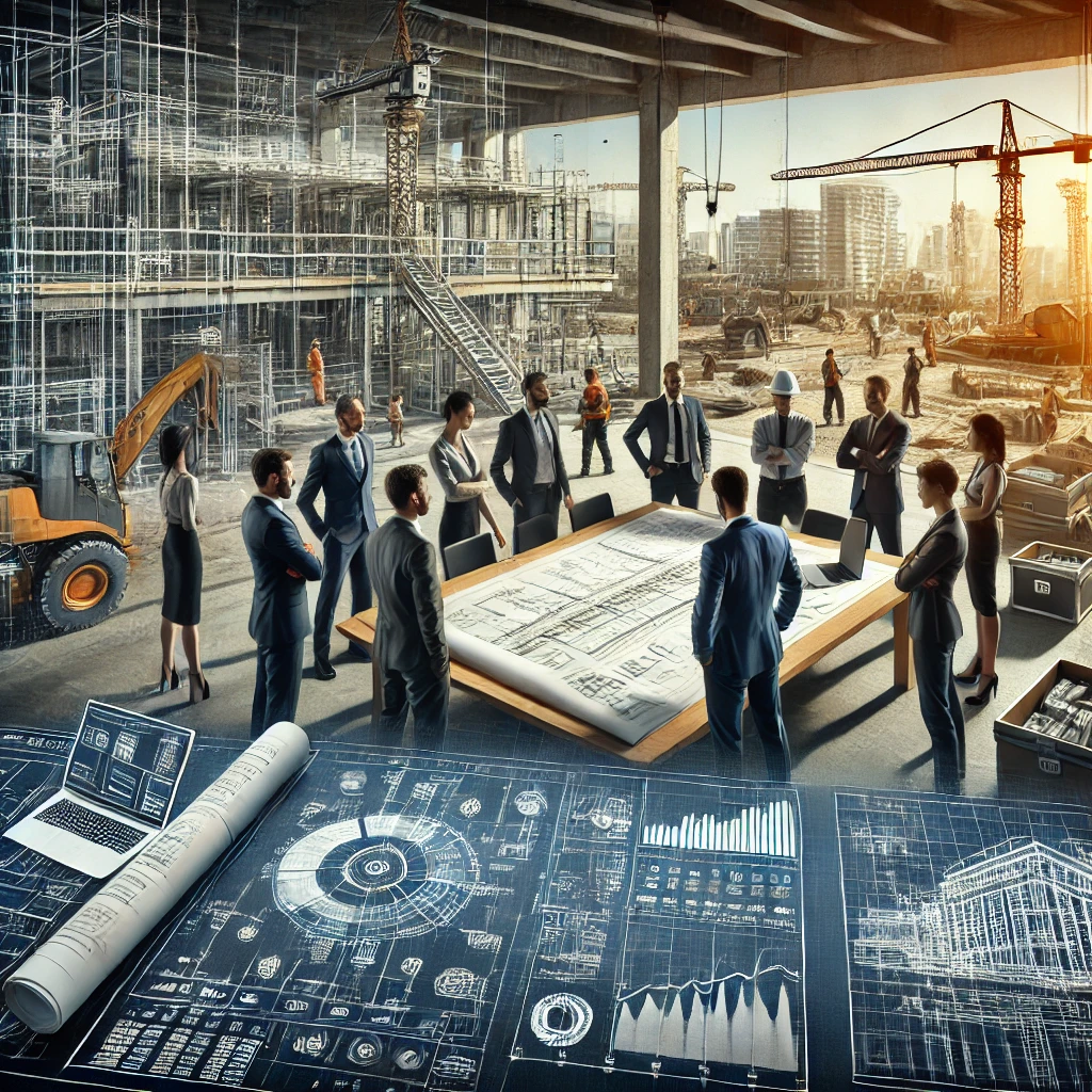 DALL·E 2024-09-24 08.03.38 - A detailed scene showing professional project management in a construction environment. The image features a group of engineers and managers standing