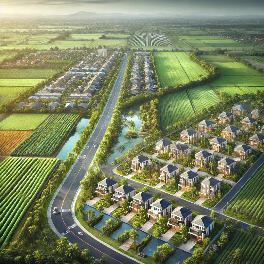 DALL·E 2024-09-24 08.12.26 - A landscape showing a premium villa community seamlessly integrated with fertile farmland. The scene showcases well-planned roads and sustainable infr
